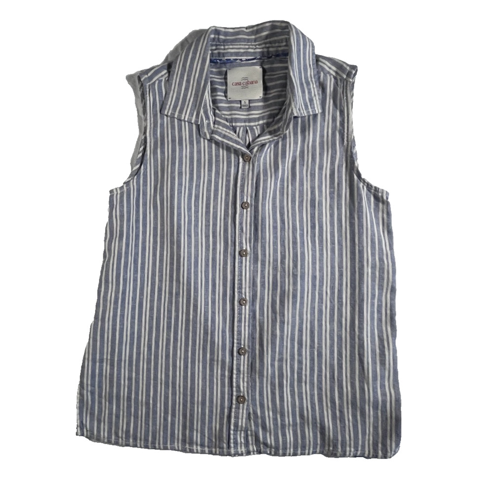 Casa Cabana Linen Blend Stripe Sleeveless Button Front Collared Striped Size S